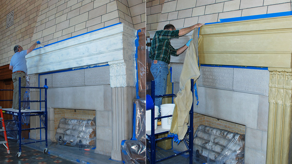 An integrated latex/detergent poultice product was successful in cleaning the water stains and overall soiling on the walls of the George W. Norris Legislative Chamber with minimal negative impact.