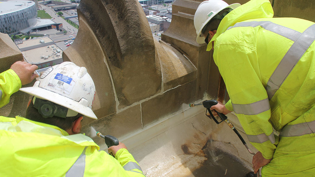 Workers from C&M Restoration applied PROSOCO’s ReVive cleaner with controlled pressure-washing.