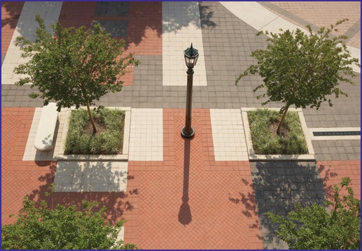 A variety of paver shapes, colors and patterning, creates visual interest along the mall.