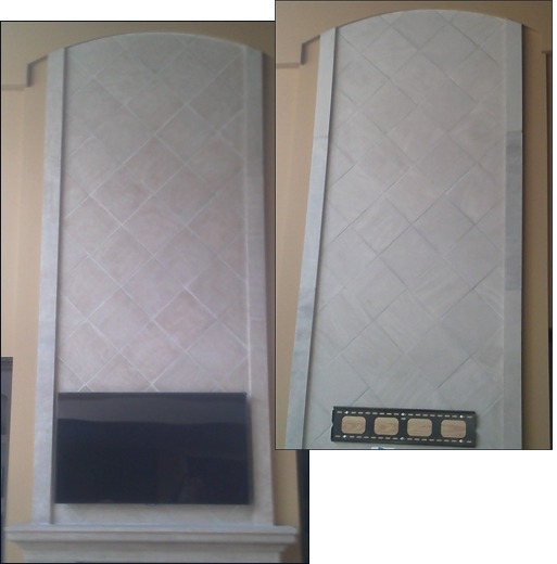 Bressler fireplace after recoloring; INSET: Before recoloring
