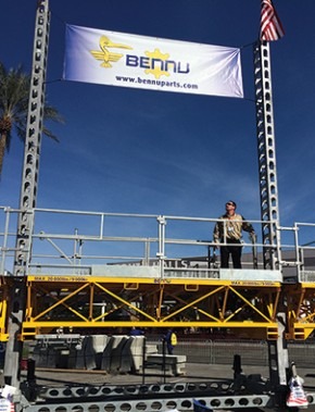 Bennu Parts shows off the company’s popular scaffolding in the outdoor lots during World of Concrete/World of Masonry.
