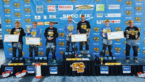 The 2015 Winners circle (left to right): Brian Tuttle – SPEC MIX TOUGHEST TENDER, Brian Wade – 3rd place mason, Brandy Noble – 3rd place mason tender, Fred Campbell – 1st place mason, Tony Shelton – 1st place mason tender, Garrett Hood – SPEC MIX TOP CRAFTSMAN and 2nd place mason, and Ed Huntley – SPEC MIX TOP CRAFSTMAN and 2nd place mason tender