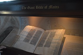 Shown is the Giant Bible of Mainz, a large manuscript Bible produced from 1452 to 1453.