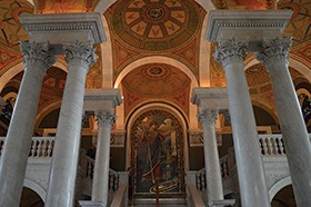 Shown is a gorgeous inside view of the Library of Congress.