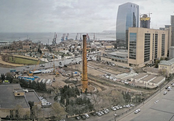 historic industrial chimney The Twin Towers Port chimney Azerbaijan capital Baku