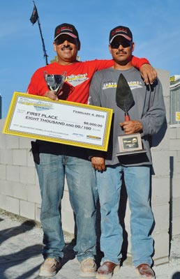Shown are Arcadio Armenta with Sutter Masonry, and his tender, Guadalupe Aragon, winners of the 2015 MCAA Fastest Trowel on the Block competition.