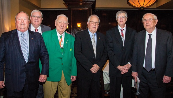 2016 Masonry Hall of Fame inductees (left to right): Robert V. ??Buddie?? Barnes Jr., J. Gregg Borchelt, Richard Matthews, Harry E. McGraw, Ryan M. O??Brien and John J. Smith Sr.
