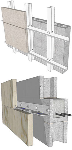 Figure 1. Details for cladding anchorage to hollow CMU (left) and grouted CMU (right). Renderings courtesy of the International Masonry Institute (www.imiweb.org).