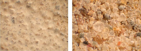Figure 4 — Mortar joint with cementitious paste intact (left), and mortar joint chemically etched in washing process (right).